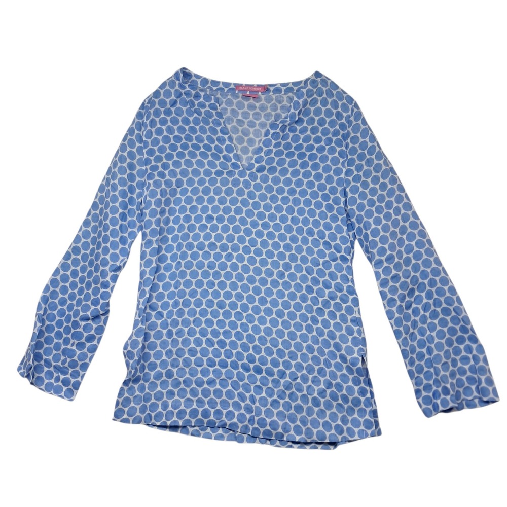Island Company Top Womens Small Blue Polka Dot 100% Linen Resort Beach Coastal‎